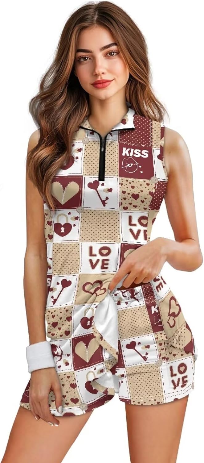 Tennis Dresses for Women Zip Front Outfits with Shorts Pockets Sleeveless 2 Piece Outfits Lightweight