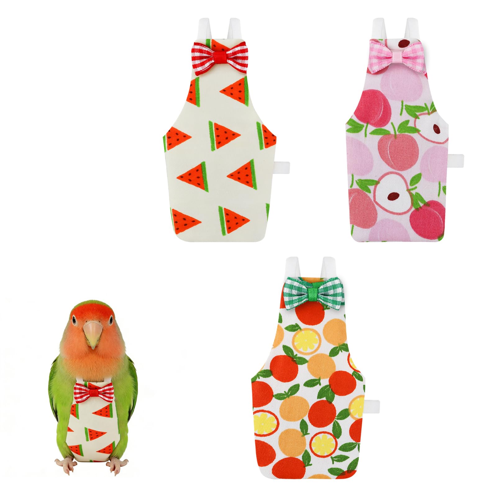 LuckyOpt Bird Diaper Flight Suit, 3-Packs Lightweight Reusable Washable Elastic-Straps Parrot Clothes for Peony/Monk Parakeet, Prevents Poop Leaks & Feather Pecking (Peach+Orange+Watermelon, M)