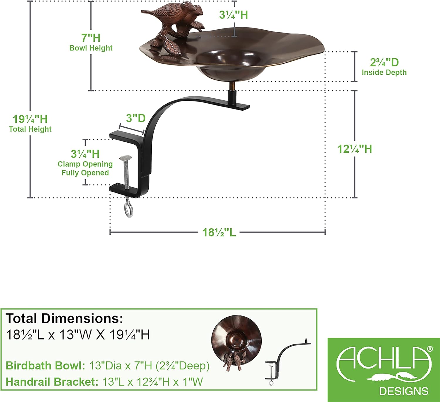 Achla Designs 201-2004 Birds w/Rail Mount Bracket Birdbath, Antique Patin