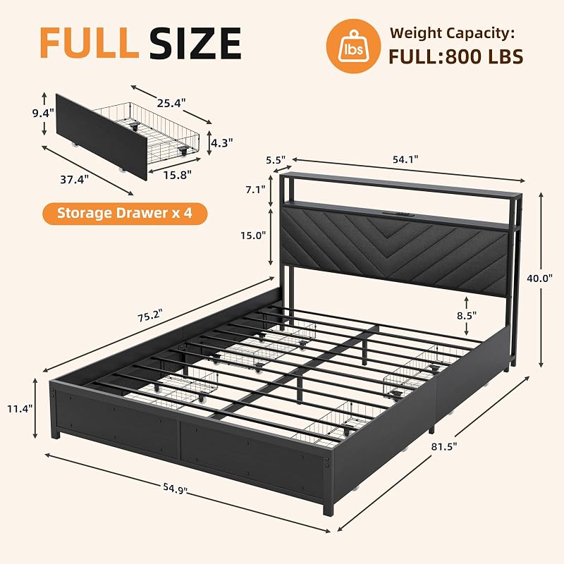 Full Size Bed Frame with Adjustable Headboard Platform, Black image 2