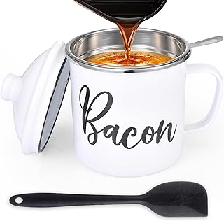 Bacon Grease Saver with Strainer - with Food-Grade Silicone Spatula, 1.3L/46oz Large Enamel Rustic Farmhouse Fat Container, Keeper, Recipes, Dishwasher Safe