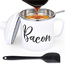 Bacon Grease Saver with Strainer - with Food-Grade Silicone Spatula, 1.3L/46oz Large Enamel Rustic Farmhouse Fat Container, Keeper, Recipes, Dishwasher Safe