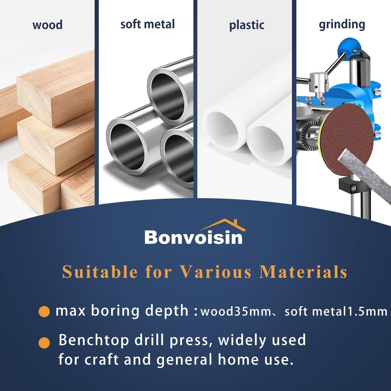 Bonvoisin Mini Tischbohrmaschine 1200W, 6 Variable Geschwindigkeiten, Max. 2800RPM, Bohrerdurchmesser 35mm, für Basteln/Heimwerken/Metallbearbeitung (EU)