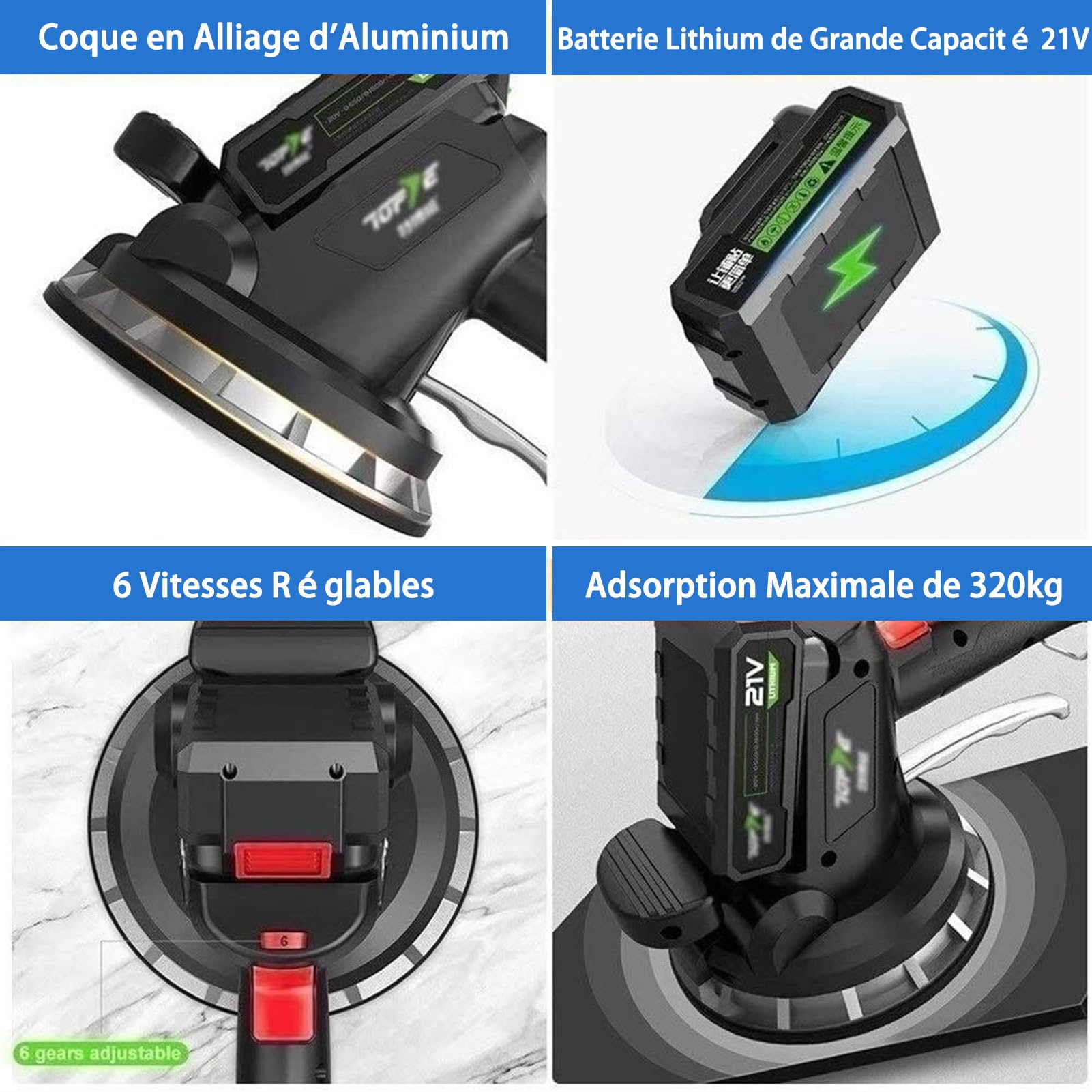 Machine Vibrante Carrelage électrique: 6 Vitesses Réglable Capacité de Charge Élevée Vibreur de Carrelage avec Ventouse Puissante de 18 cm Outils Utilitaires pour la Maison (1*Battery)