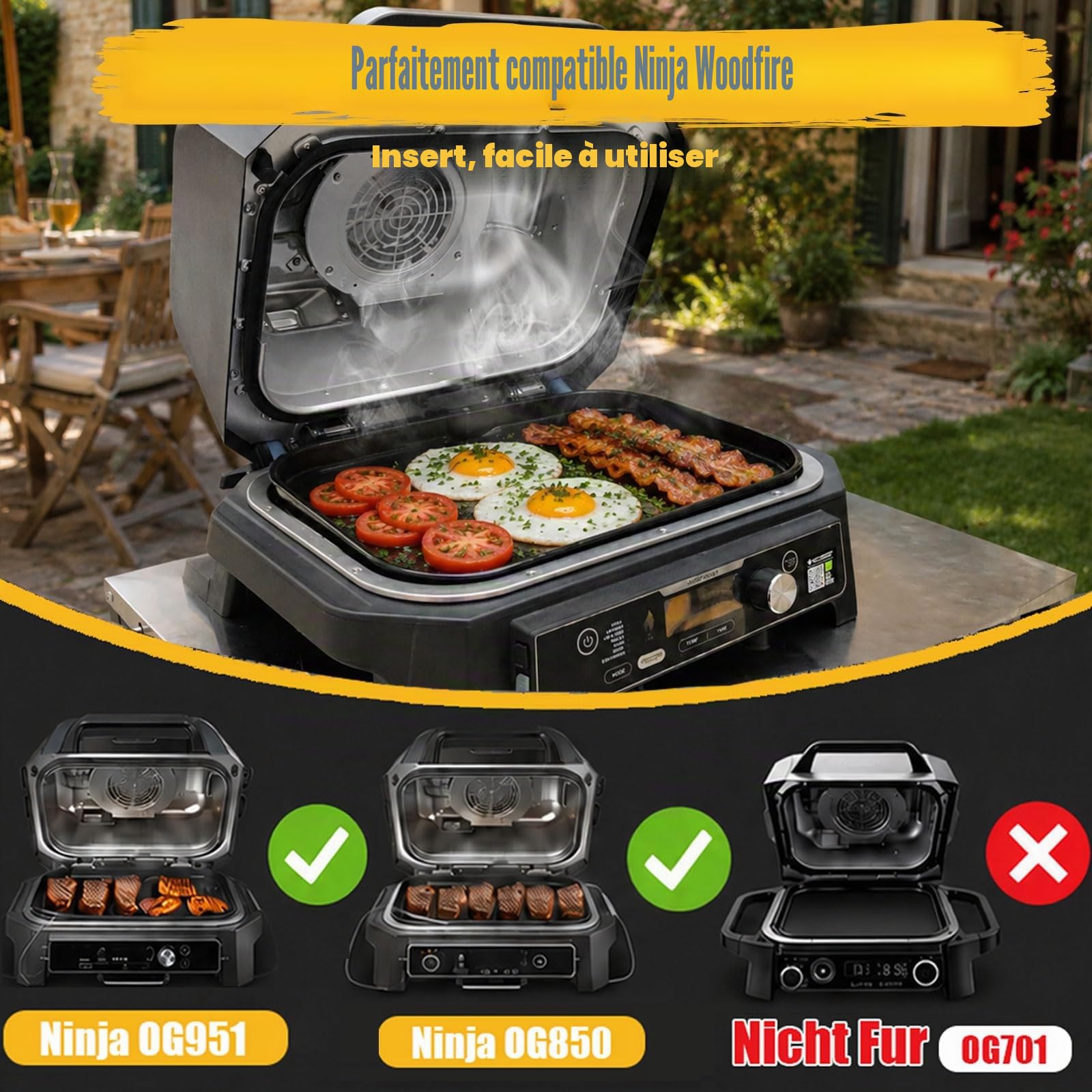 GFTIME Plaque de cuisson en fonte pour Ninja Woodfire Pro XL, série OG800 et OG900 (OG850/OG901), plaque de cuisson plate d'extérieur avec ouverture à huile, revêtement en céramique, insert noir