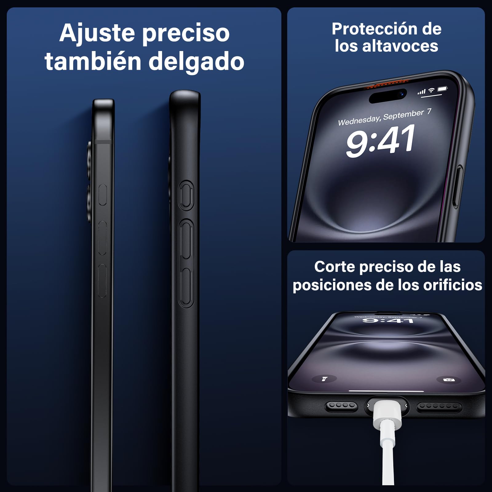 UniqueMe Para iPhone 16 Funda - Case para iPhone 16 Case,5 en 1 Set Cover Protection,1 Funda & 2 Protector Pantalla & 2 Protector de Cámara - Negro