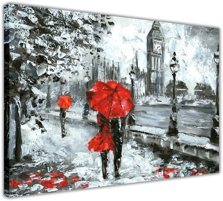 Couple Holding Red Umbrella in London on Framed Canvas Wall Art Prints Oil Painting Re-Print Home Decoration Pictures Size: 12" X 8" (30cm X 20cm)