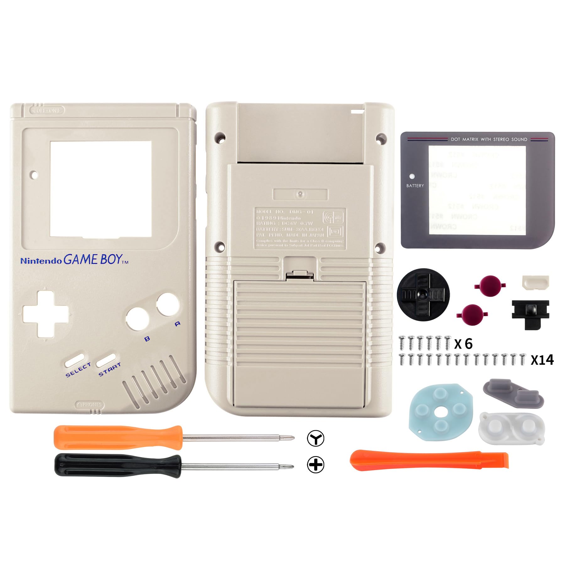 eXtremeRate Carcasa completa de repuesto gris para consola Gameboy Classic DMG-01 de 1989 GB con lente de pantalla y botones, consola de juegos portátil no incluida