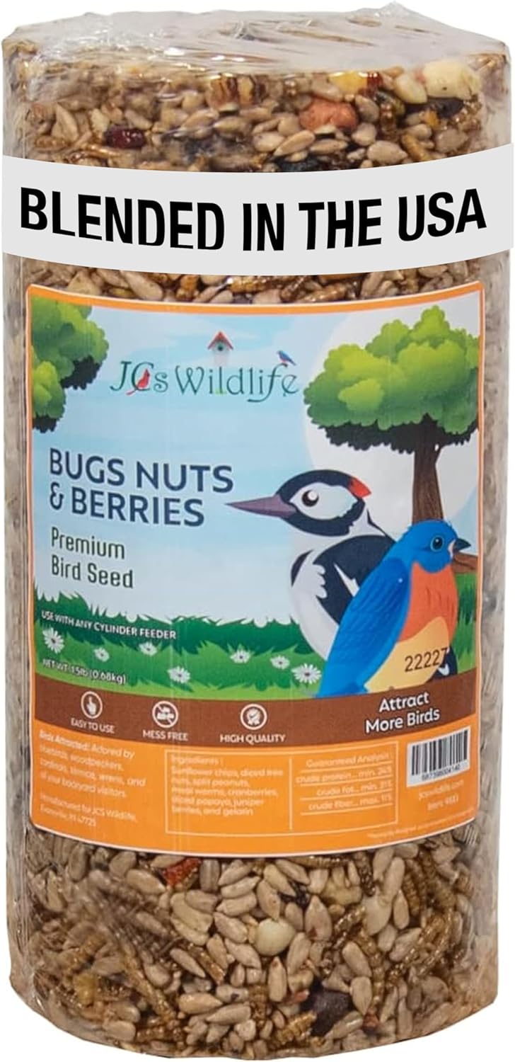 JCs Wildlife Bugs, Nuts, and Berries Premium Bird Seed Small Cylinder, Bird Food for Attracting Various Species, Ideal for Backyards, Easy-to-Use, Mess-Free Design, 1.5 lb, Pack of 1