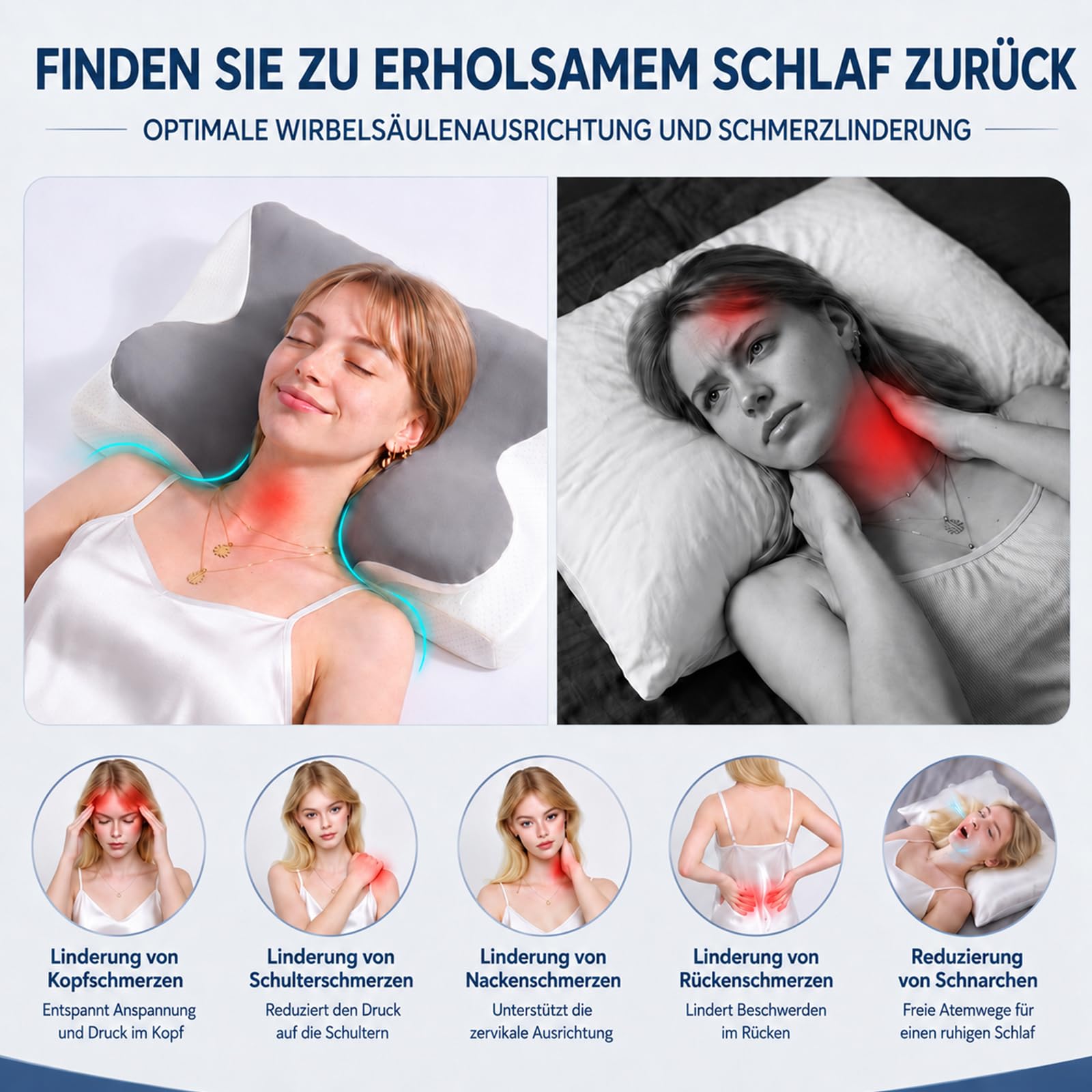 WAVVE Ergonomisches Kissen für Nacken und Seitenschläfer | Orthopädisches Nackenstützkissen mit Memory Foam, Schmetterlingskissen mit Doppelhöhe 11/13 cm für Kopf, Hals und Schultern