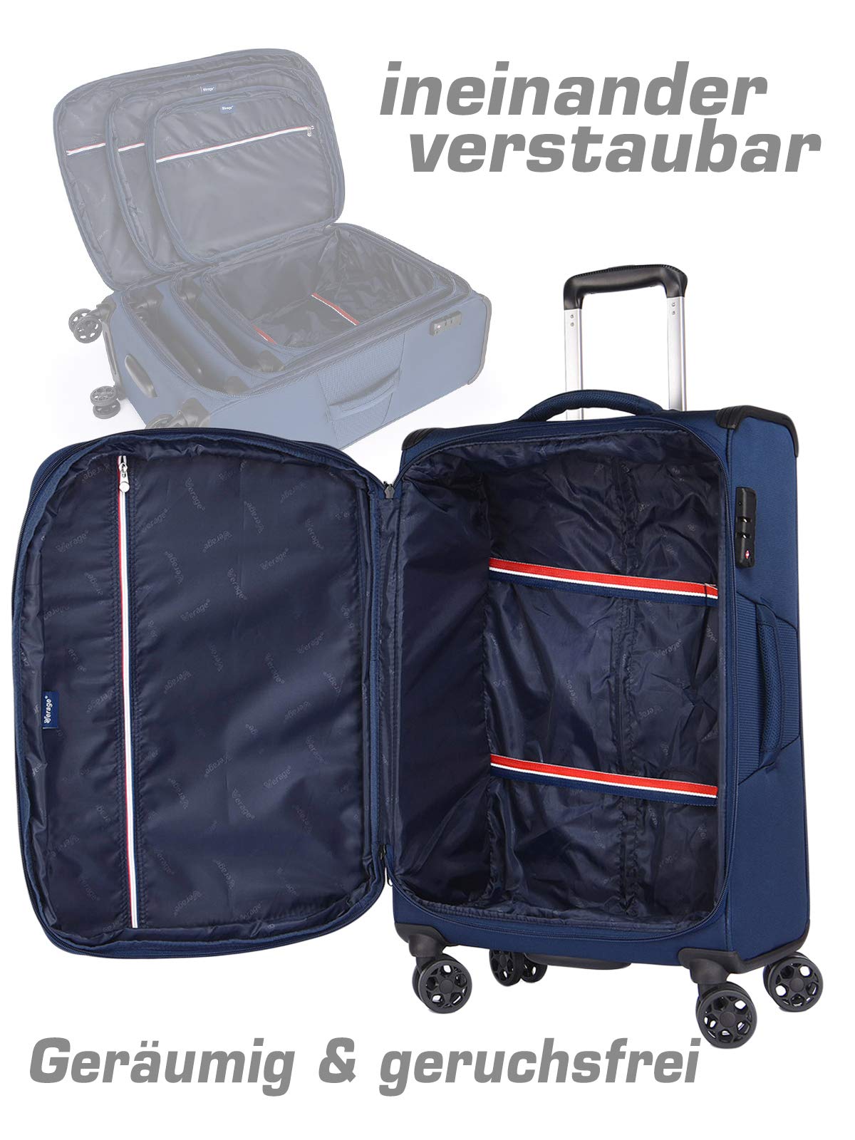 Verage Toledo Weichgepäck 4 Doppelrolle großer Koffer Trolley L-83cm 96-115 L erweiterbar, TSA-Schloss, Weichschale-Reisekoffer Blau