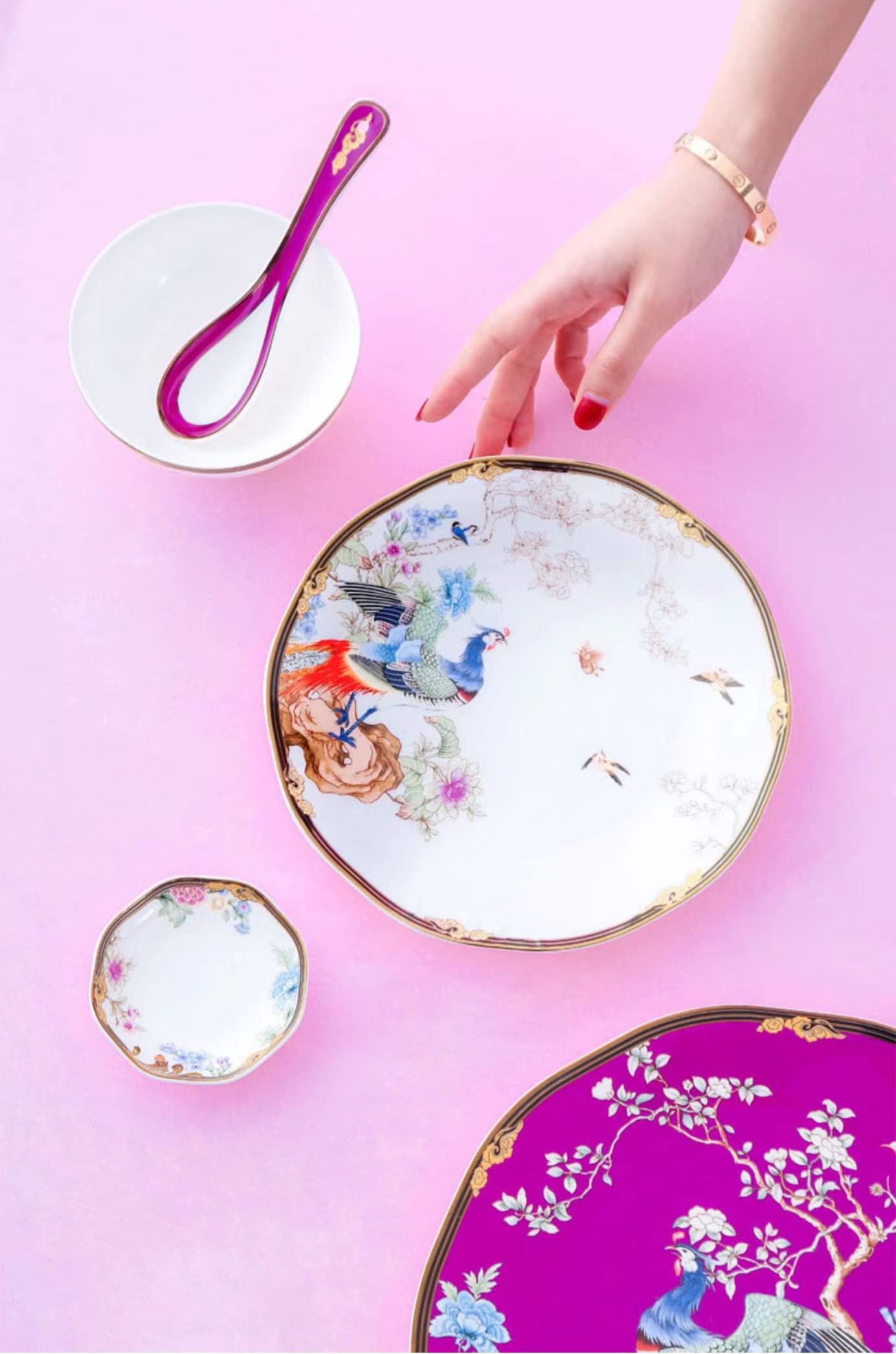 Bone China 11-częściowy delikatny okrągły zestaw zastawy kuchennej, talerze, naczynia, miski, serwis filiżanki do kawy dla 2 osób, fioletowy