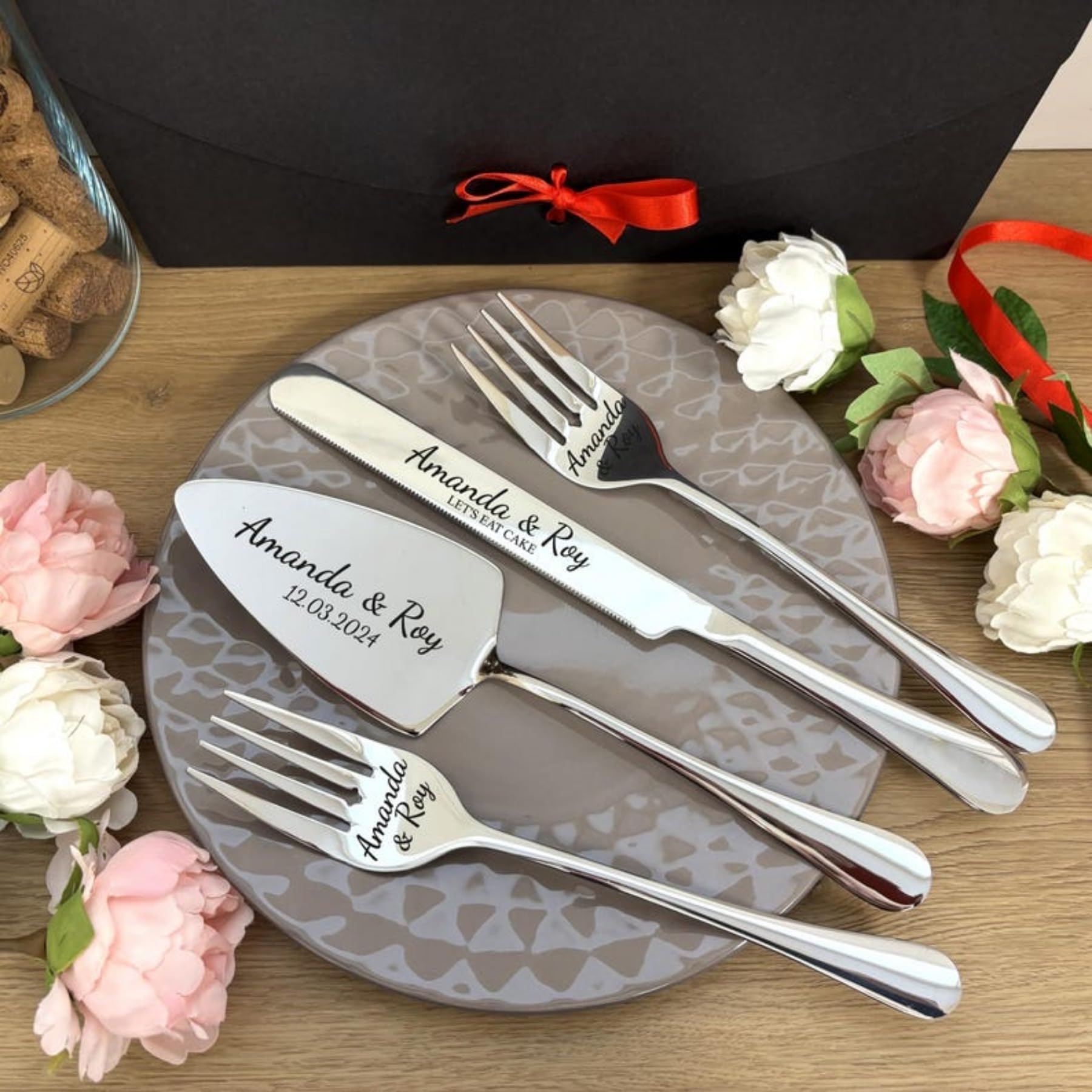 XIESHANG Personalized Wedding Cake Cutting Set in Gift Box Custom Engraved Silver Pie Server Cutting Kit Anniversary Housewarming Keepsake