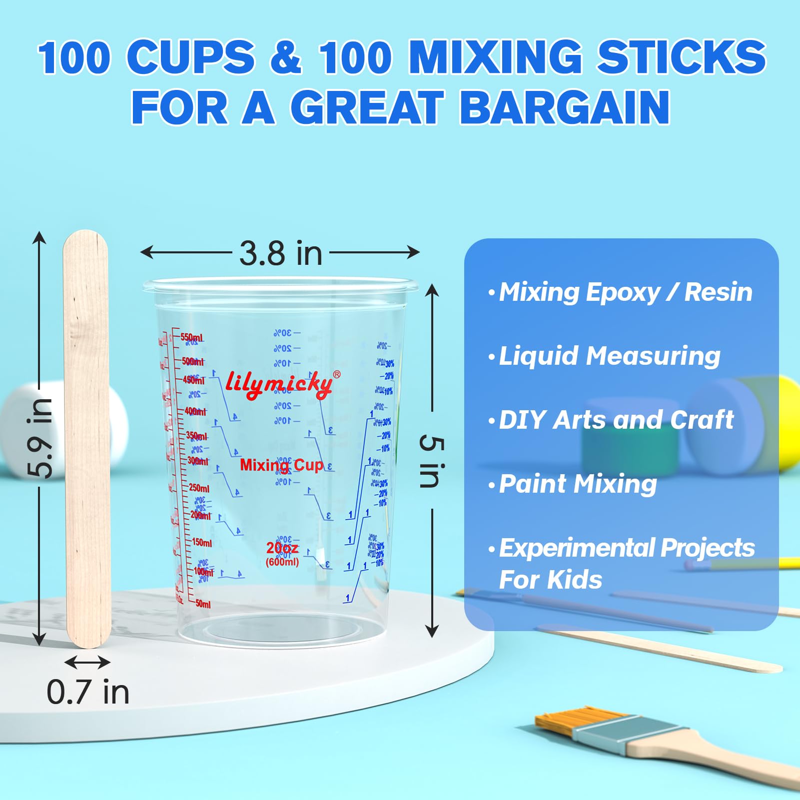 Paquete de 100 vasos de mezcla de plástico, 591.9 ml, vasos medidores desechables con 50 varillas de mezcla de madera, relaciones de medición: 2:1, 3:1, 4:1, adecuado para resina epoxi, medición de