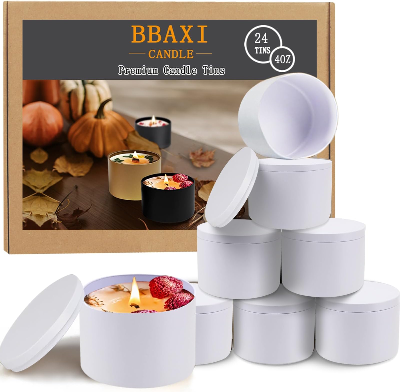 BBAXI 4 oz White Candle Tins 24 Pcs, Black Empty Candle Tin with Lids for DIY Candles Making, Matte Full White Candle Jars for Candle Making