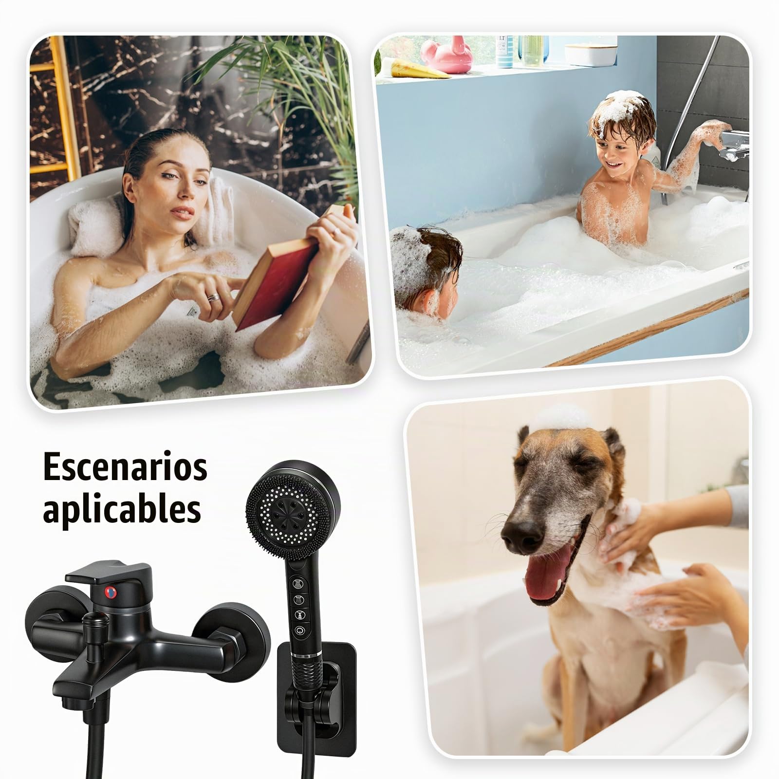 Grifo de Bañera con 4 Funciones Alcachofa de Mano Grifo Bañera Mezclador Monomando en Pared Grifería para Bañera con 1,5M Manguera y Soporte Mezclador de Baño (Negro Set)