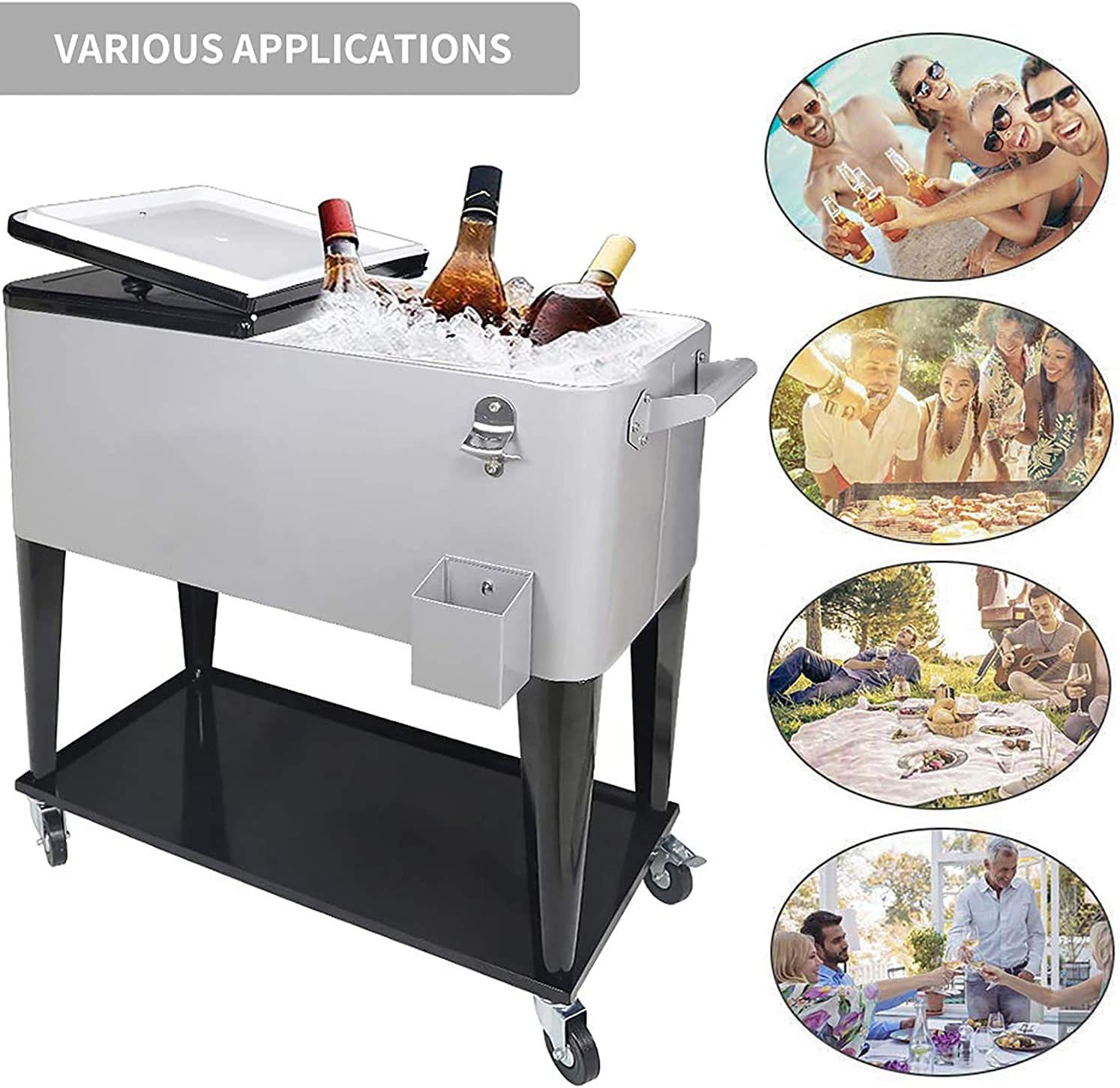 80QT Rolling Cooler Cart with Wheels, Ice Chest Outdoor Backyard Coolers on Wheels with Large Storage Space, Portable Drink Beverage Bar for Patio Pool Party with Shelf and Bottle Opener