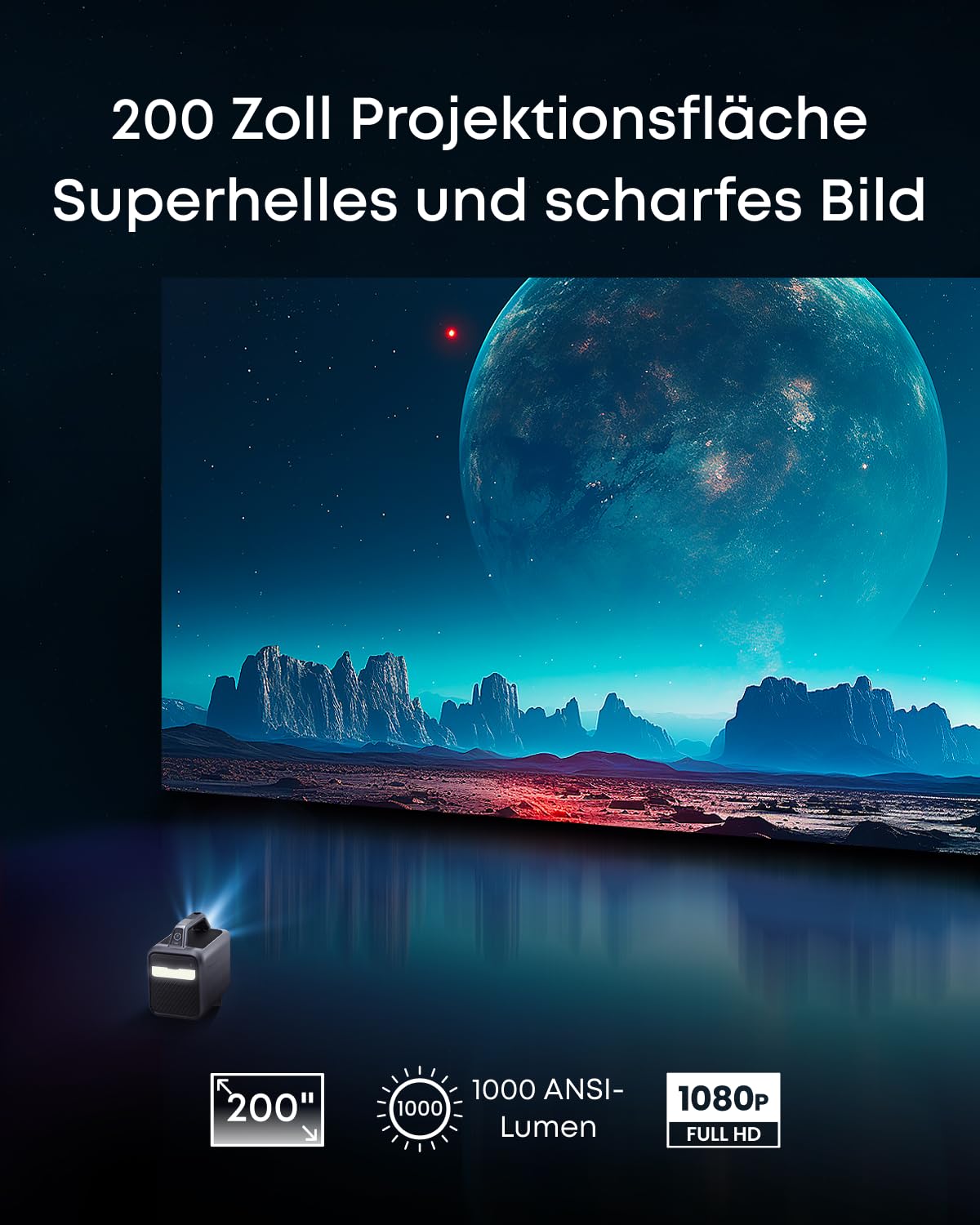 Nebula by Anker Mars 3 Tragbarer Outdoor Beamer (Schwarz) | 1000 ANSI Lumen, KI-gestützte Bildoptimierung, Android TV, 200 Zoll Heimkino für Zuhause, Camping, Roadtrip & Garten