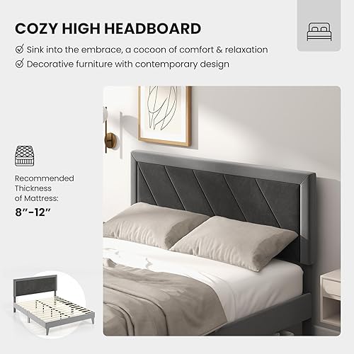 Miniatura 6 de Giantex Base de cama de terciopelo tamaño Queen con cabecero, moderna plataforma tapizada, base de colchón con 12 listones de madera fuertes, no