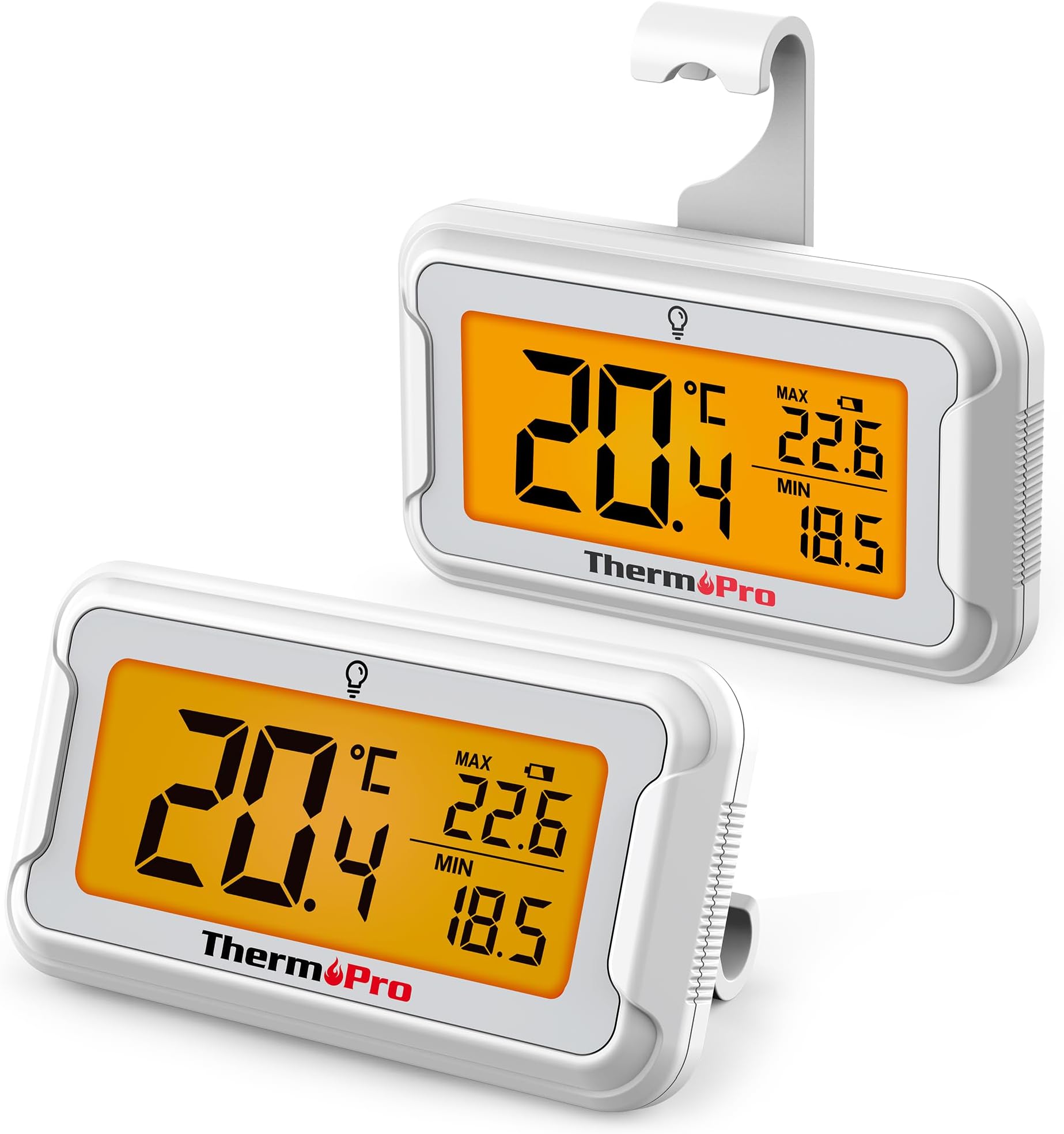 ThermoPro TP110 Fridge Thermometer with Large Backlit LCD Display, Waterproof Freezer Thermometer with Max/Min Record, Easy Battery Replacement, High Accuracy Refrigerator Monitor for Kitchen, 2Pack