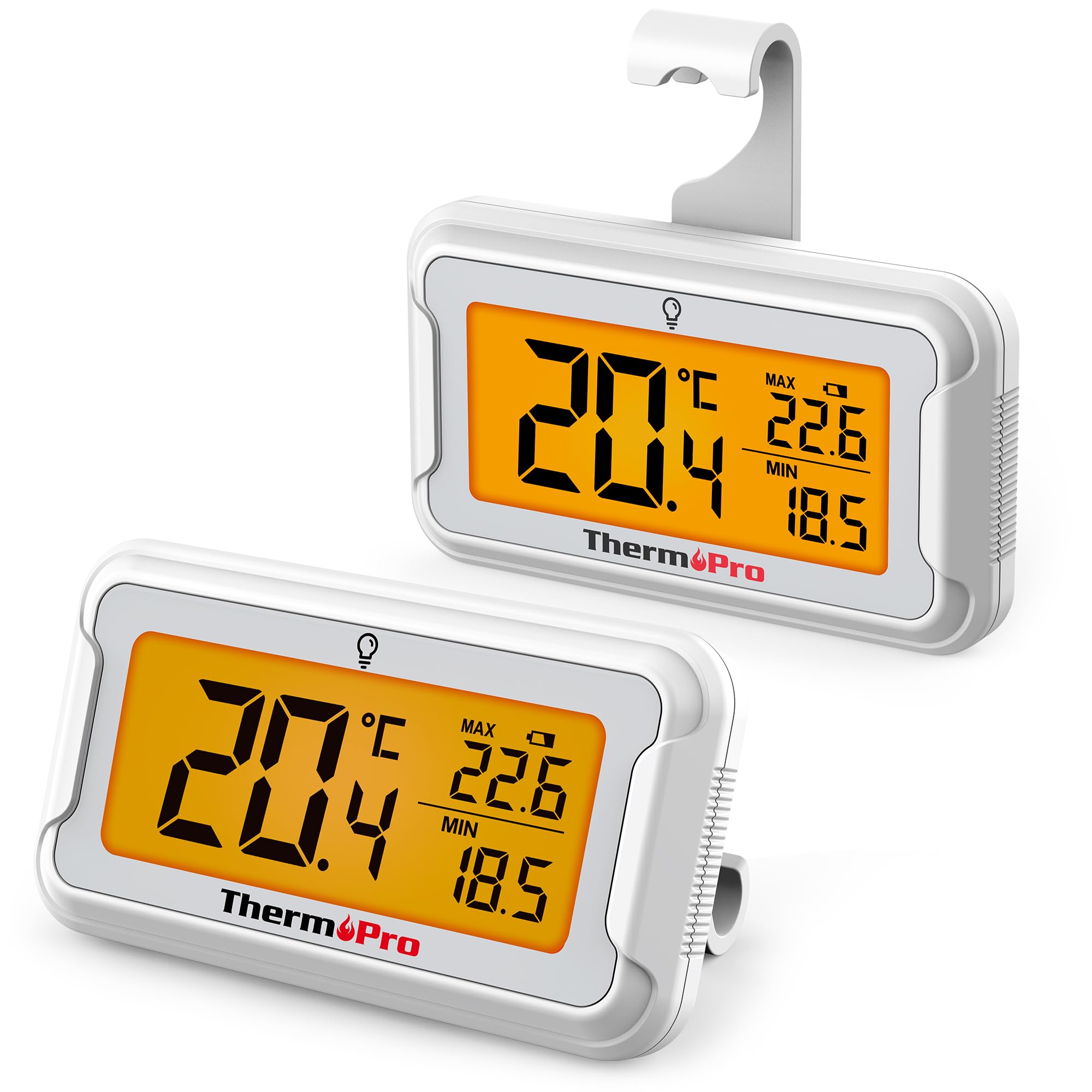 ThermoProTP110 Fridge Thermometer with Large Backlit LCD Display, Waterproof Freezer Thermometer with Max/Min Record, Easy Battery Replacement, High Accuracy Refrigerator Monitor for Kitchen, 2Pack