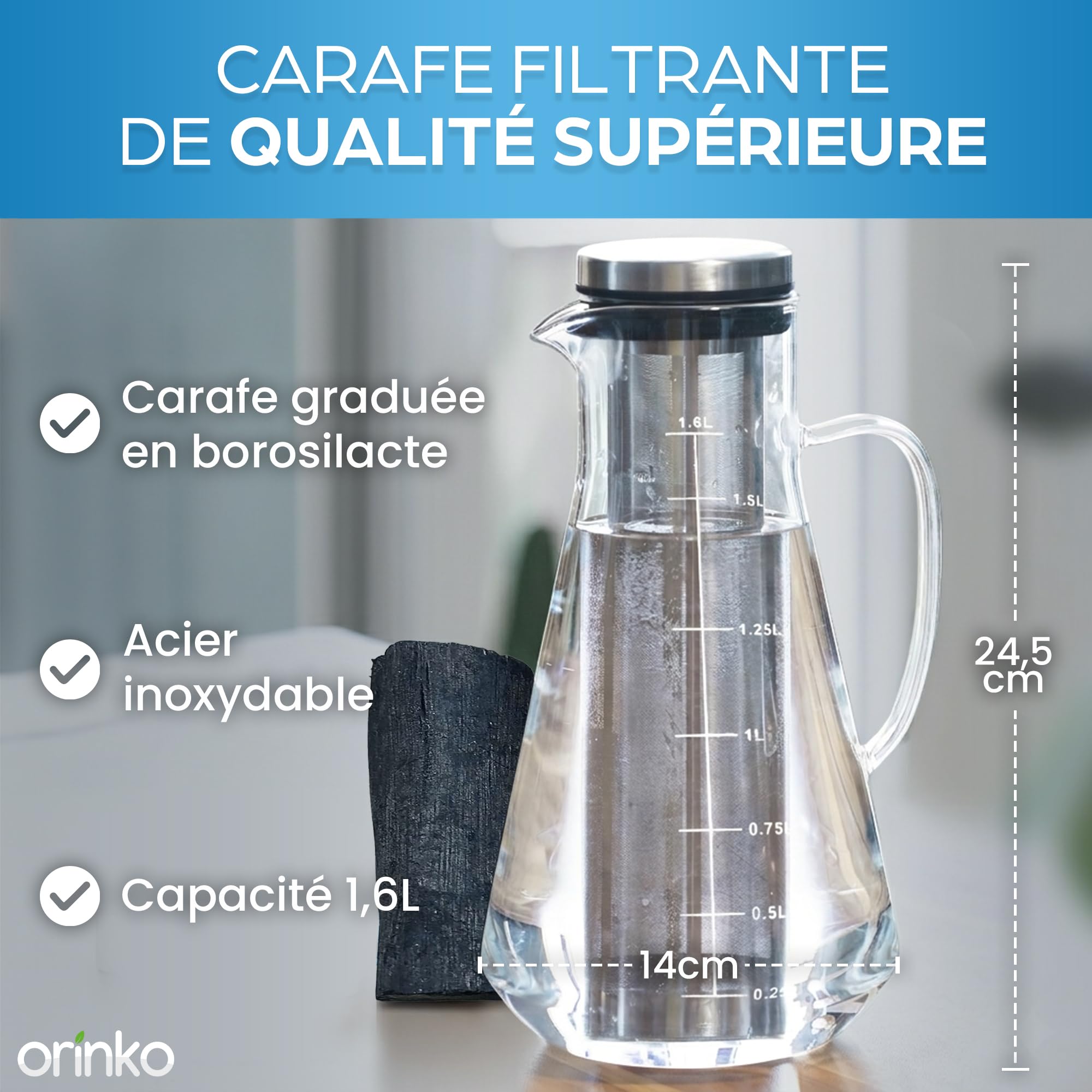 ORINKO Kit de Purification d'Eau : Binchotan et Carafe en Verre, Binchotan de Kishu Bio 40 g avec Carafe Filtrante 1,6 L, Charbon Actif Japonais pour Eau + E-Book