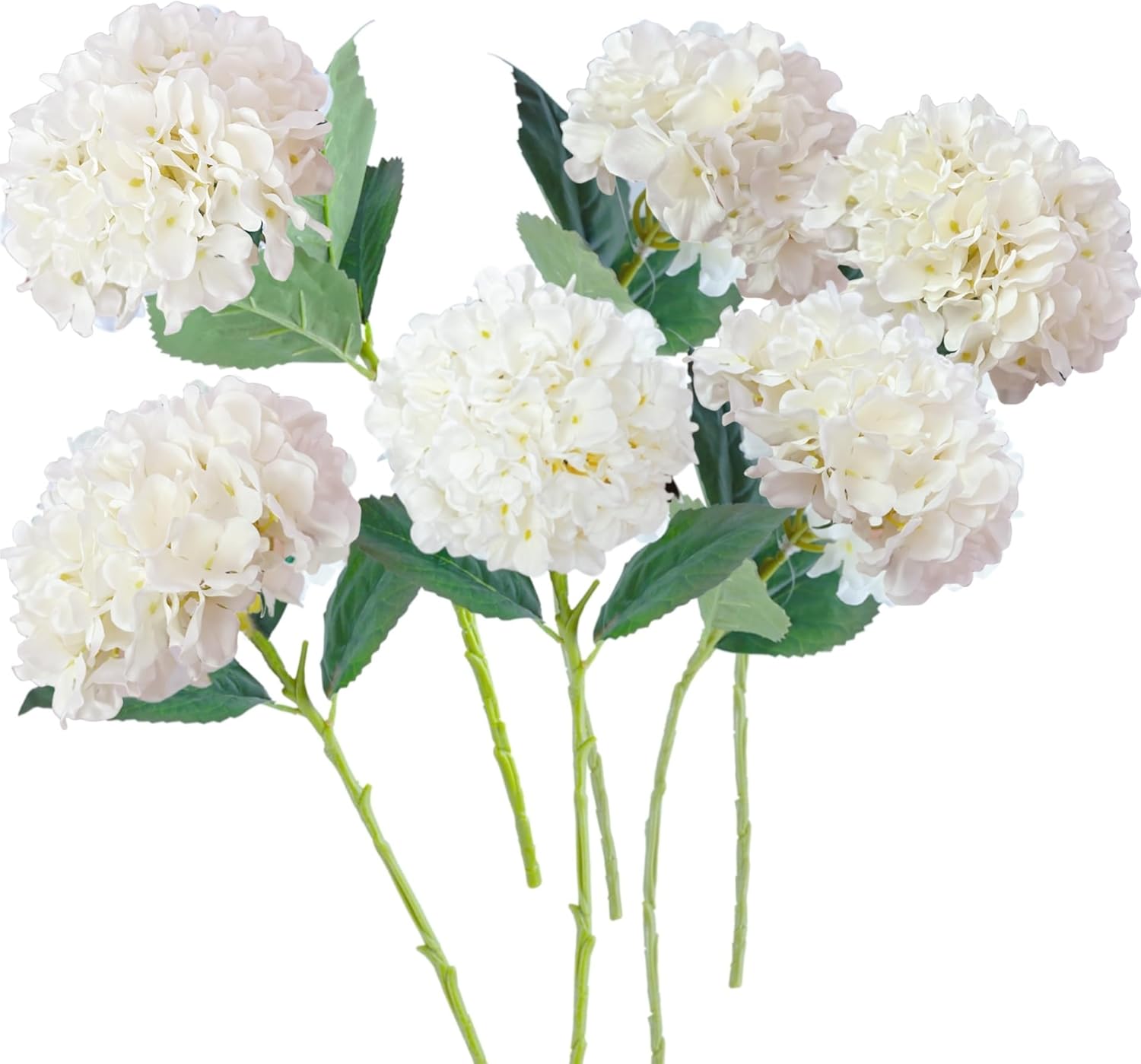 6PCS 21In Artificial Hydrangea Silk Flowers Bouquet, Lifelike White Faux Hydrangea with Leaves for Wedding Centerpieces, Home Decor, Party, Floral Arrangements