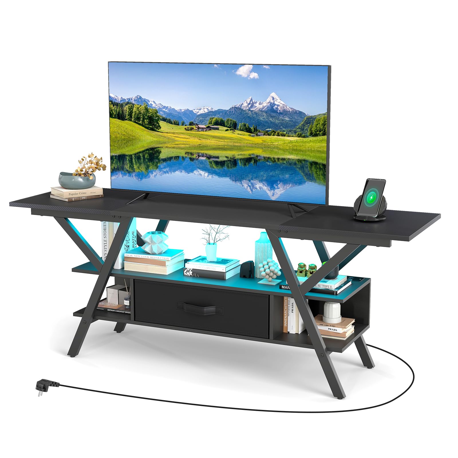 COSTWAY Stojak pod telewizor z diodami LED i gniazdem USB + gniazda typu C, szafka pod telewizor 65", 3-poziomowe centrum rozrywki, stolik konsolowy z półkami i szufladą z materiału (czarny)