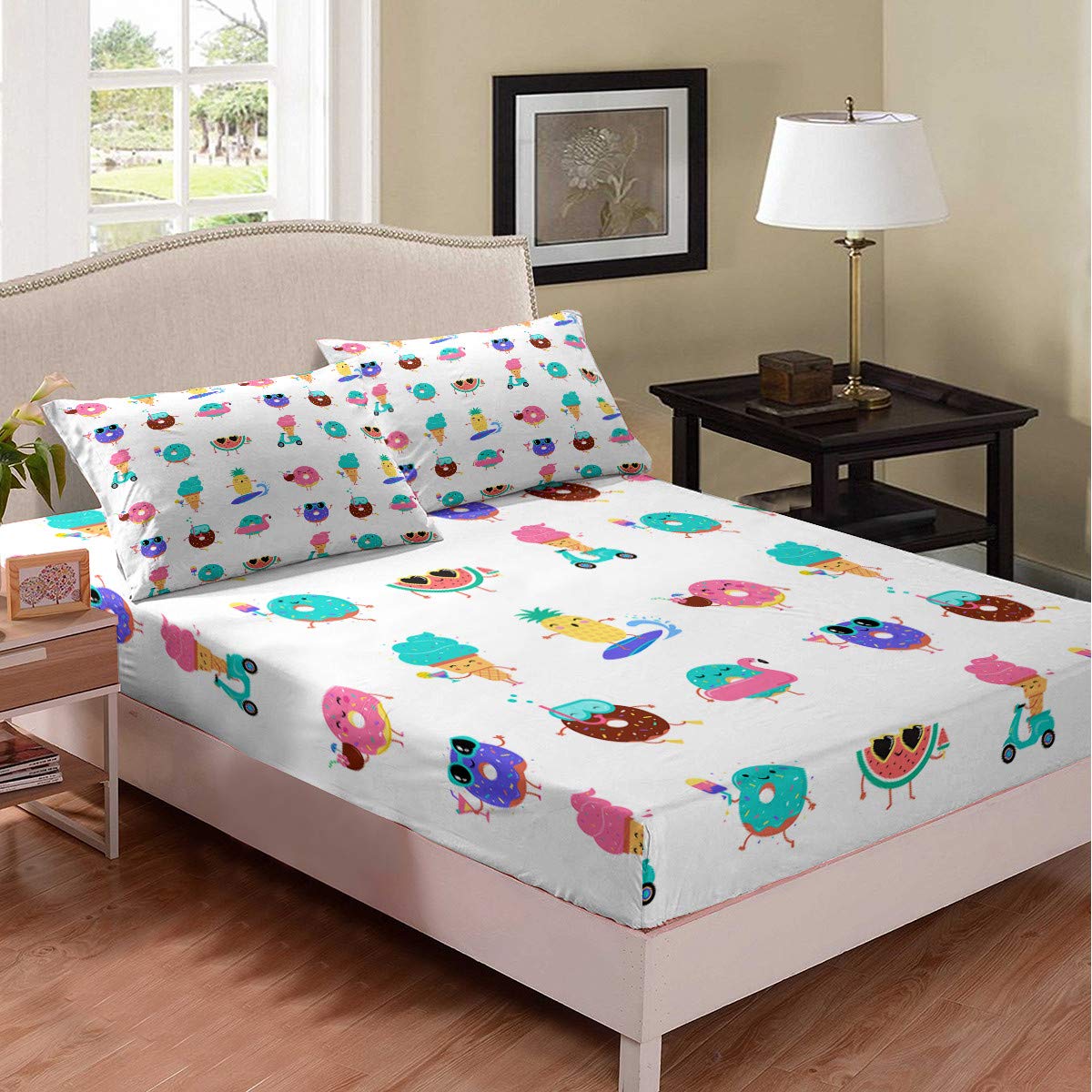 Tbrand Juego de sábanas para niños y niñas, diseño de graffiti y donuts de helado, diseño de piña, color amarillo, rosa, sábana bajera ajustable para niños, niñas, niños, adolescentes, decoración de