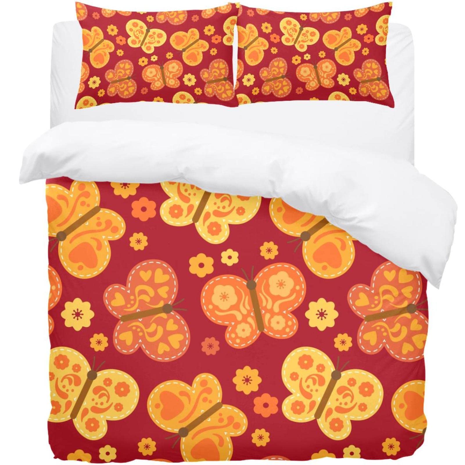Housse de couette papillon orange avec ses deux taies d'oreiller assorties pour grand lit