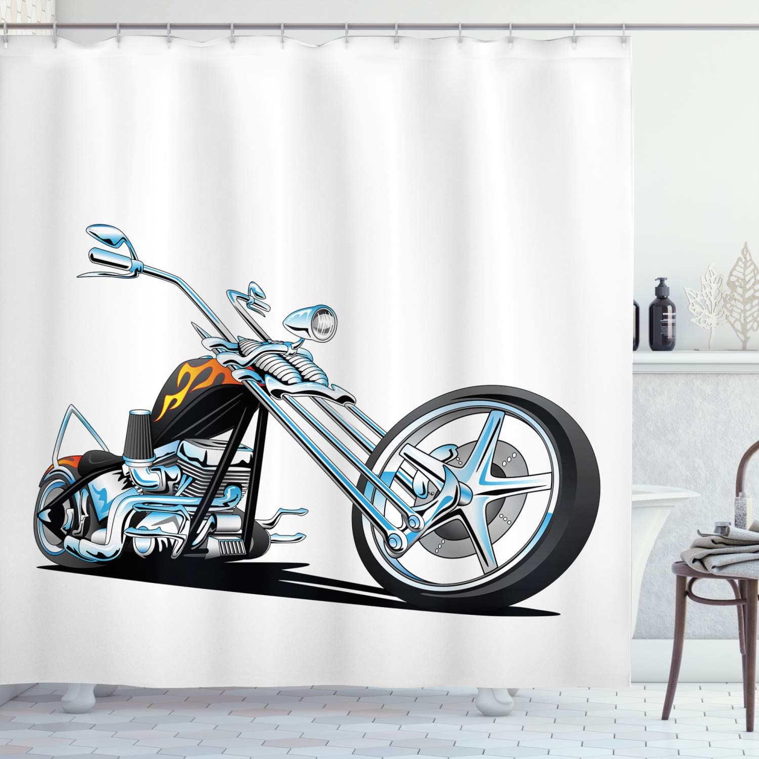 Ambesonne Manly Shower Curtain, American Style Chopper Motorcycle Competitions Tough Wild Cool Sport Print, Cloth Fabric Bathroom Decor Set with Hooks, 69" W x 70" L, White Pale Blue Grey