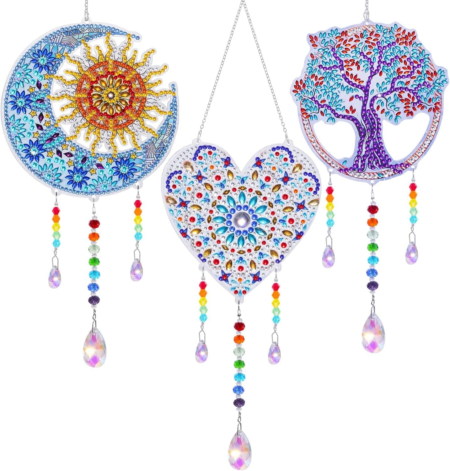 ChicAbode 3 Pack 5D Diamond Painting Suncatcher,Wind Chime with Double Sided Rhinestone Hanging Ornament for Adults Girls Art DIY Window Home Garden Decor (Tree, Moon, Heart), JH6129