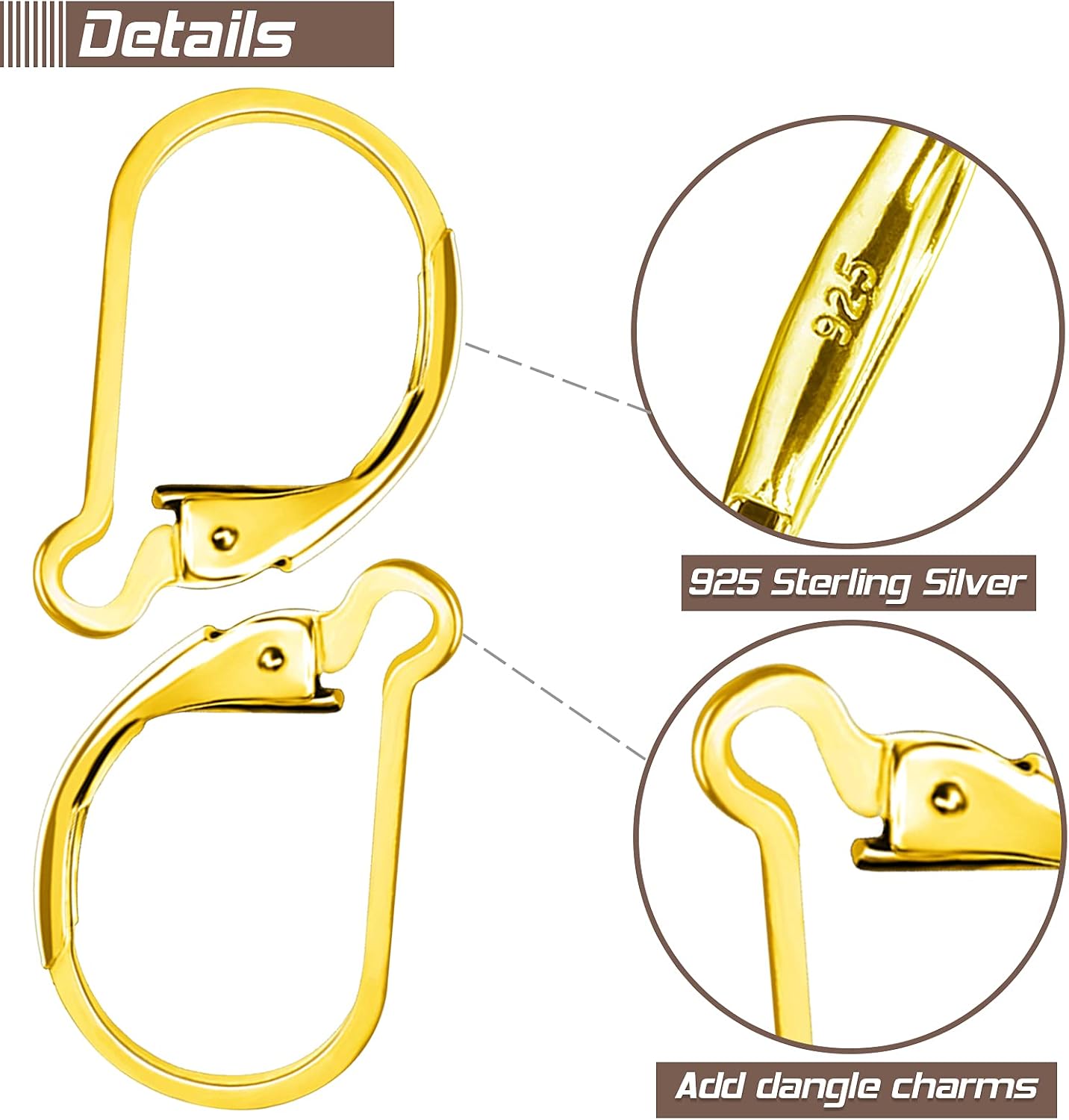 TOAOB 8pcs 925 Sterling Silver Leverback Earring Hooks 10x16mm Hypoallergenic Gold Interchangeable Dangle Ear Wires Clip Earring Connector for Jewelry Making
