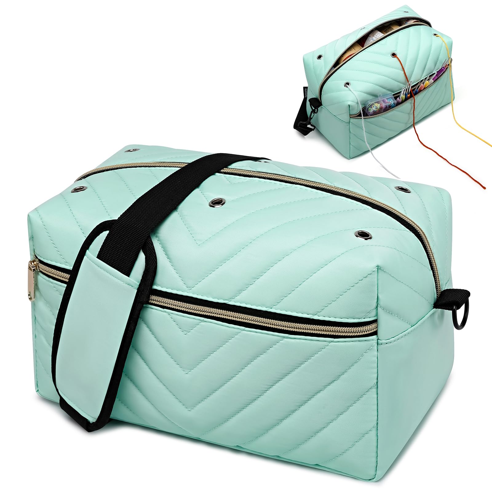 Kuosdaz Crochet Bag Organizer, Yarn Storage Organizer with Shoulder Strap, Stylish Knitting Bag for Crochet Accessories, Mothers Day Gifts, Crochet Yarn Supplies, Teal