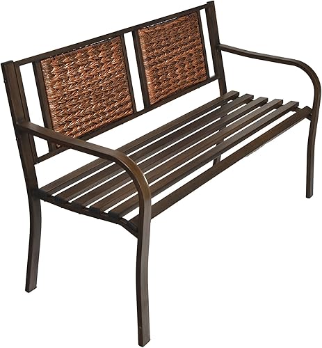 Tangkula Banco de jardín para patio con respaldo de mimbre, silla de banco de parque al aire libre con marco de acero recubierto de polvo, banco de