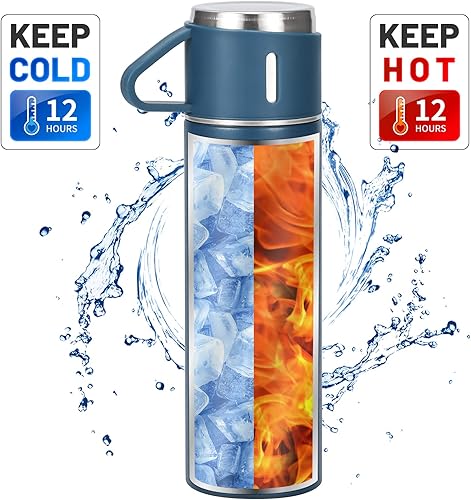 Miniatura 4 de Juego de termo de acero inoxidable de 16.9 fl oz17 onzas, botella de agua aislada con tres tazas para bebidas calientes y frías, color azul