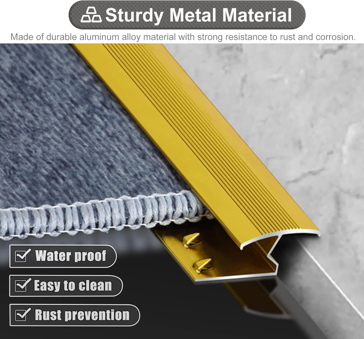 Carpet and Floor Edging Trim Strip, Metal Transition Threshold Strip for Carpet to Wood Floors, Carpet to Tile Edge Protector Bar, Easy to Fit (Gold)