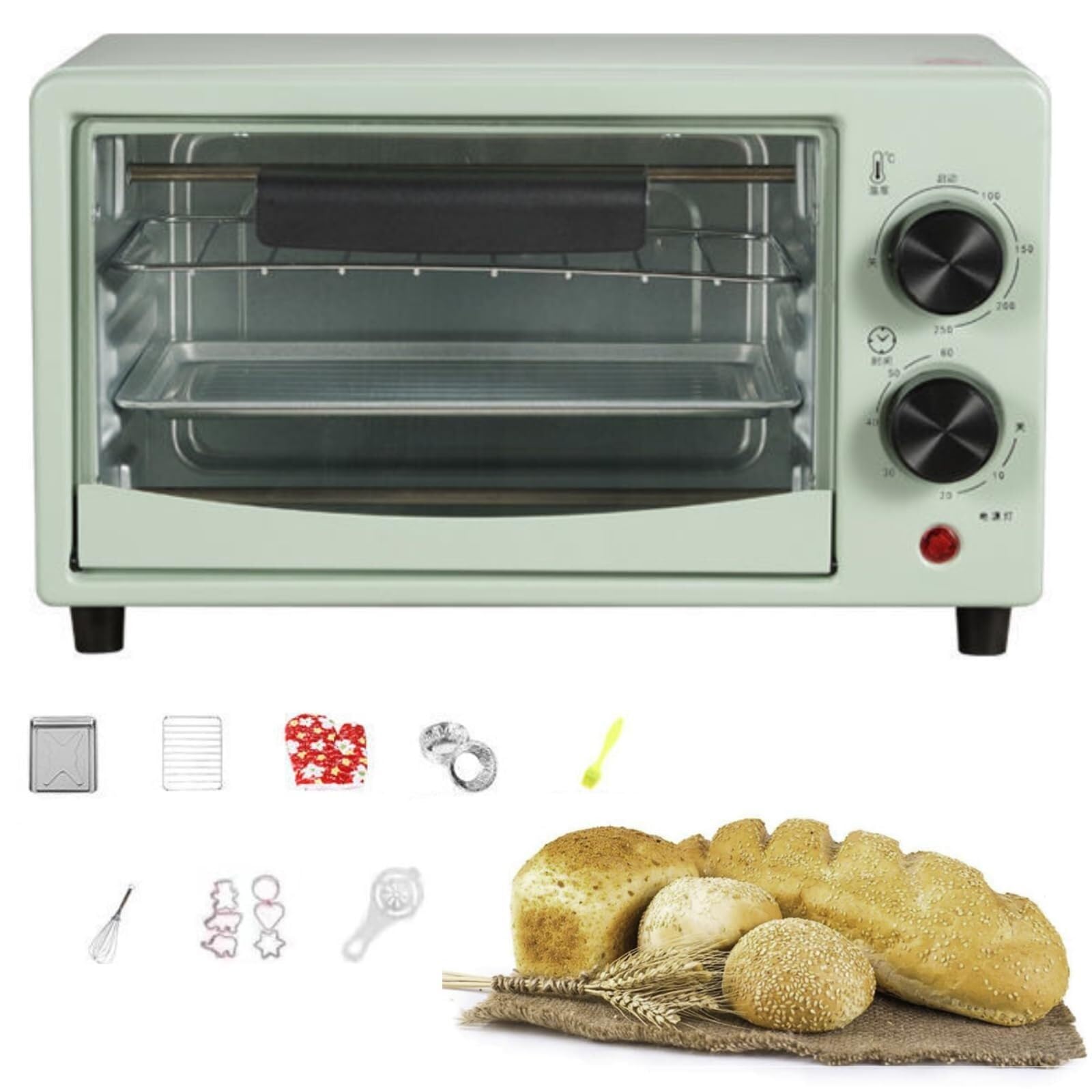 Horno Eléctrico Inteligente 12L, Tostadora Convección De Encimera, Máquina Desayuno Multifunción, Temperatura Ajustable 0-230℃, Hogar Y Restaurantes(Green)