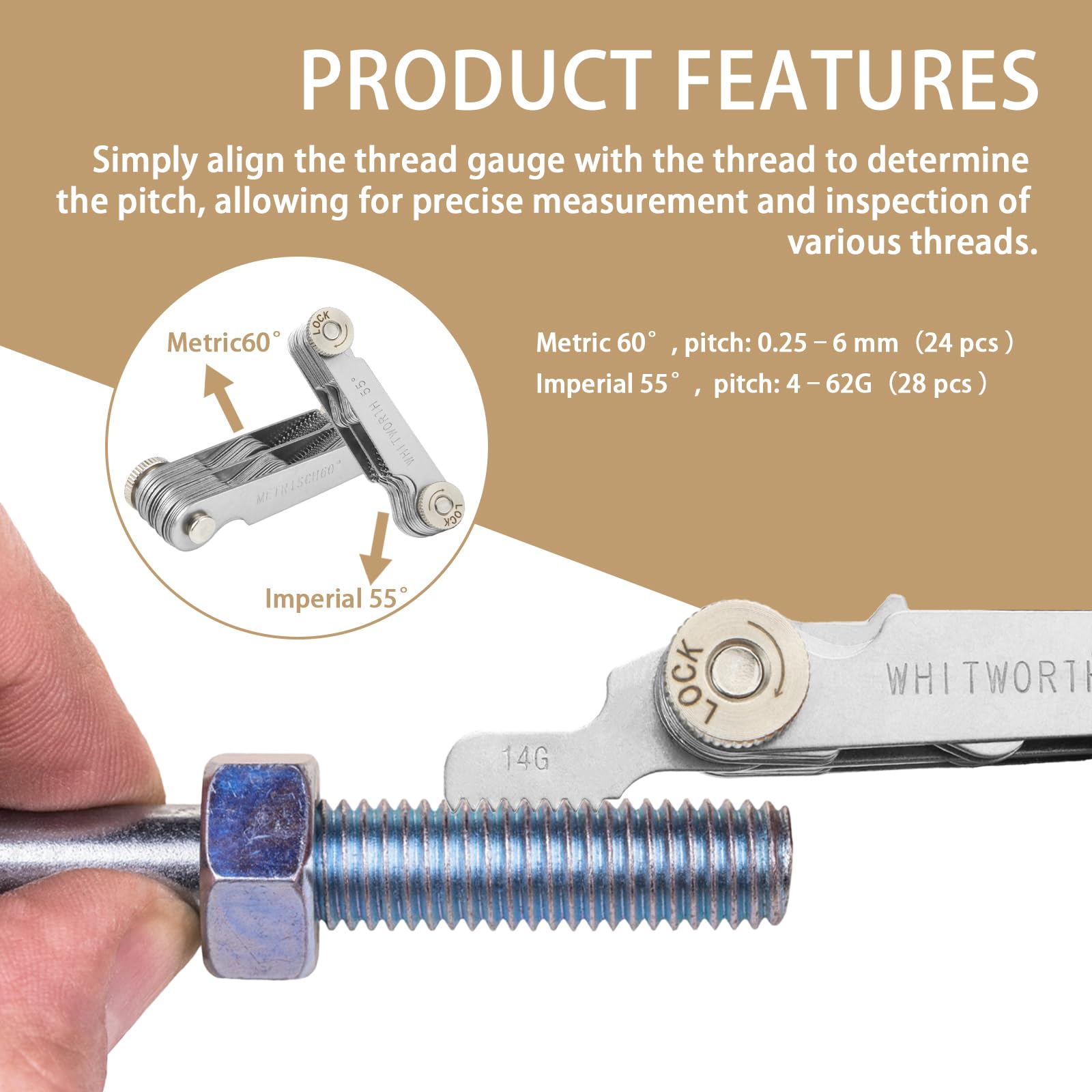Misuratore di Filettatura 52 Pezzi Calibro a Tappo Filettato Acciaio Inossidabile Metriche 60° Whitworth 55°