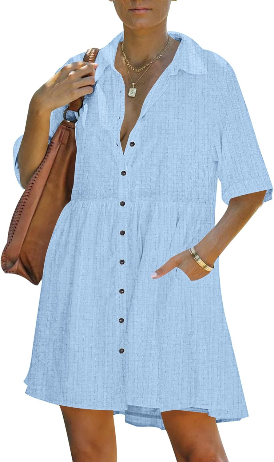 PYGFEMR Women's Summer Dress 2026 Short Sleeve Babydoll Tiered Button Down T Shirts Dresses with Pockets