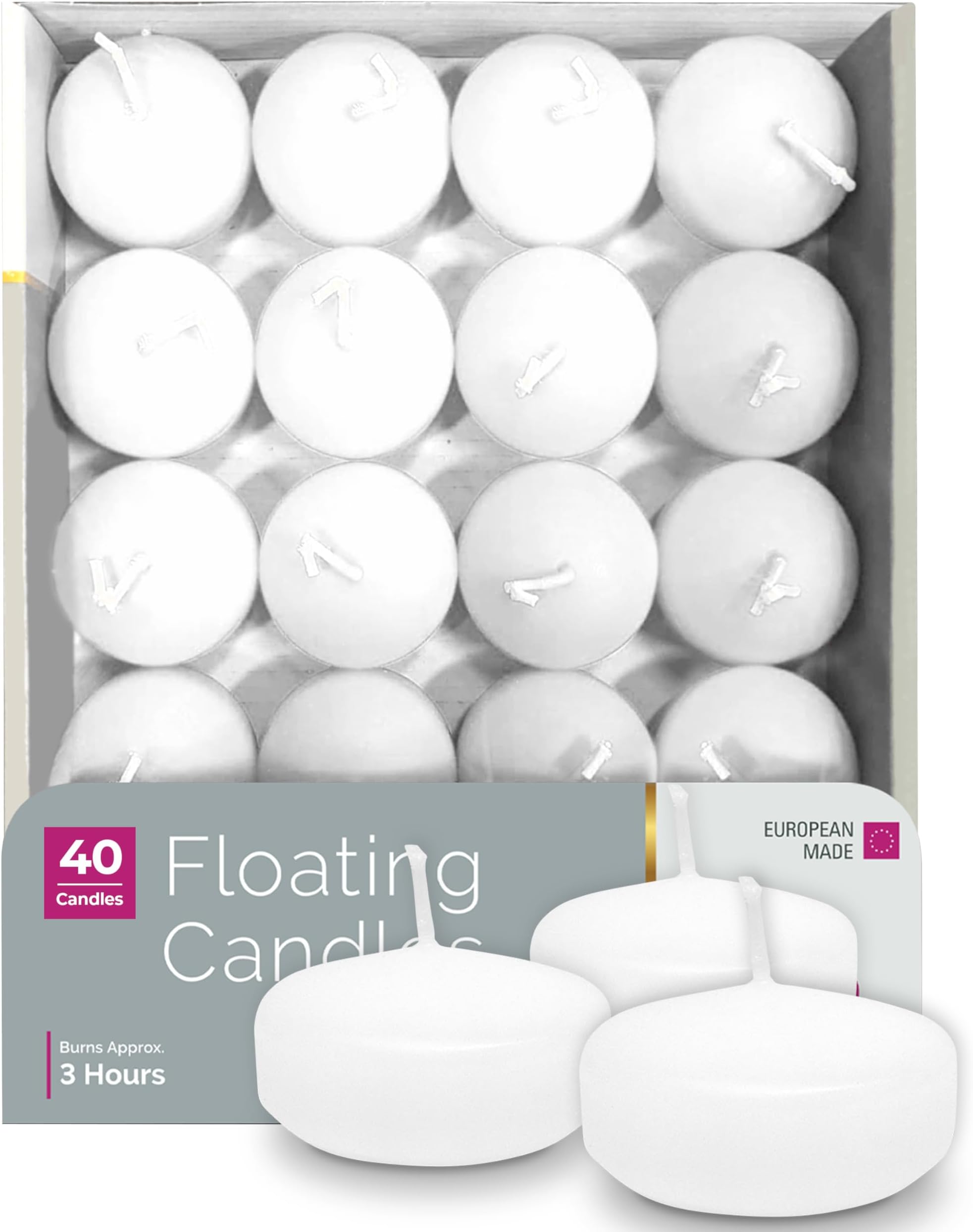 Hyoola Premium White Floating Candles 1.75 Inch - 3 Hour - 40 Pack - European Made