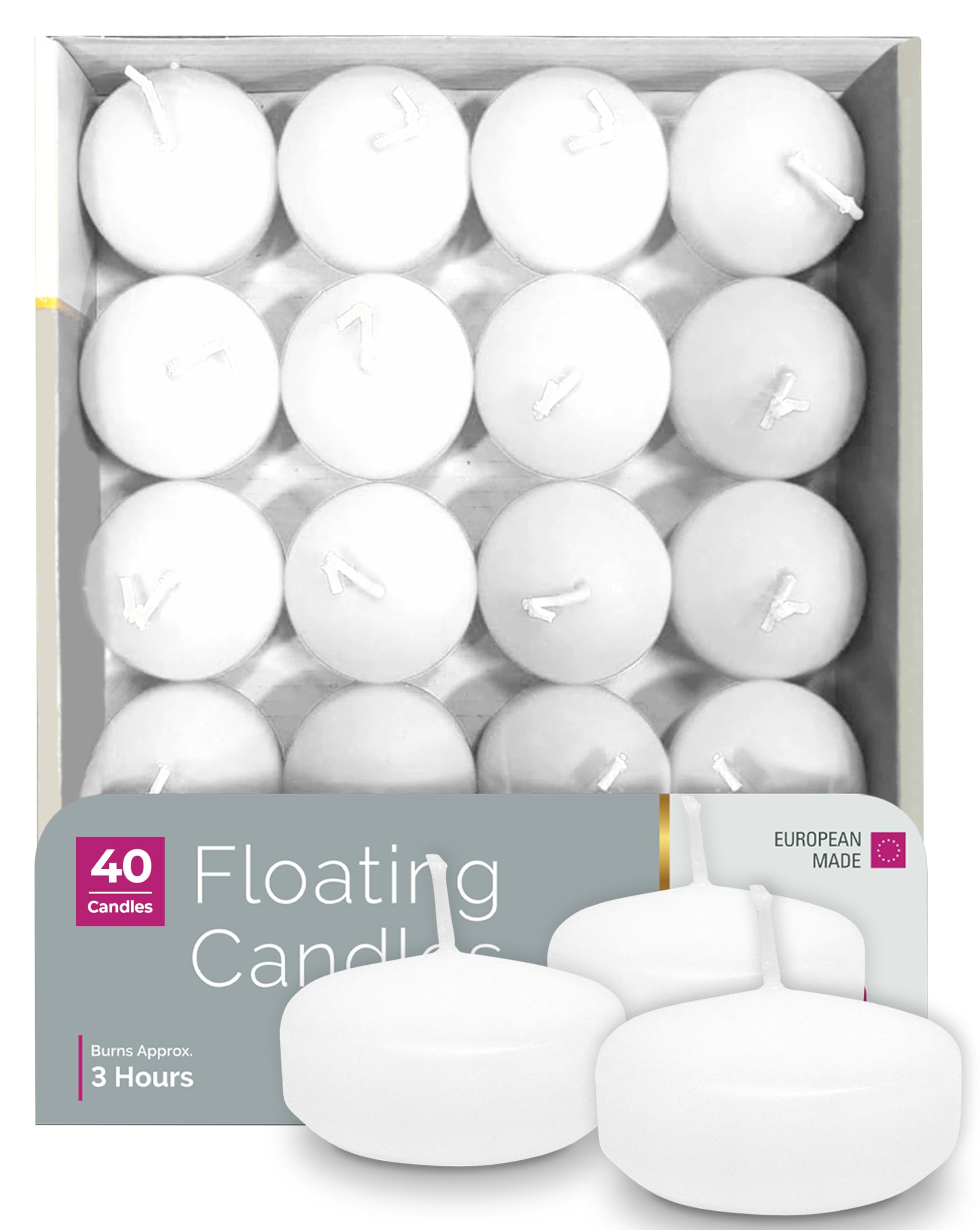 Hyoola Premium White Floating Candles 1.75 Inch - 3 Hour - 40 Pack - European Made
