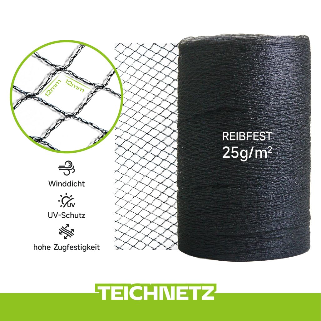 Teichnetz Feinmaschig 7.62x7.62m（58m²） Vogelschutznetz - Schwarz Teichnetz mit 12 Bodenankern | Witterungs- & UV-beständig | Laubnetz, Obstbaumnetz, Gartennetz