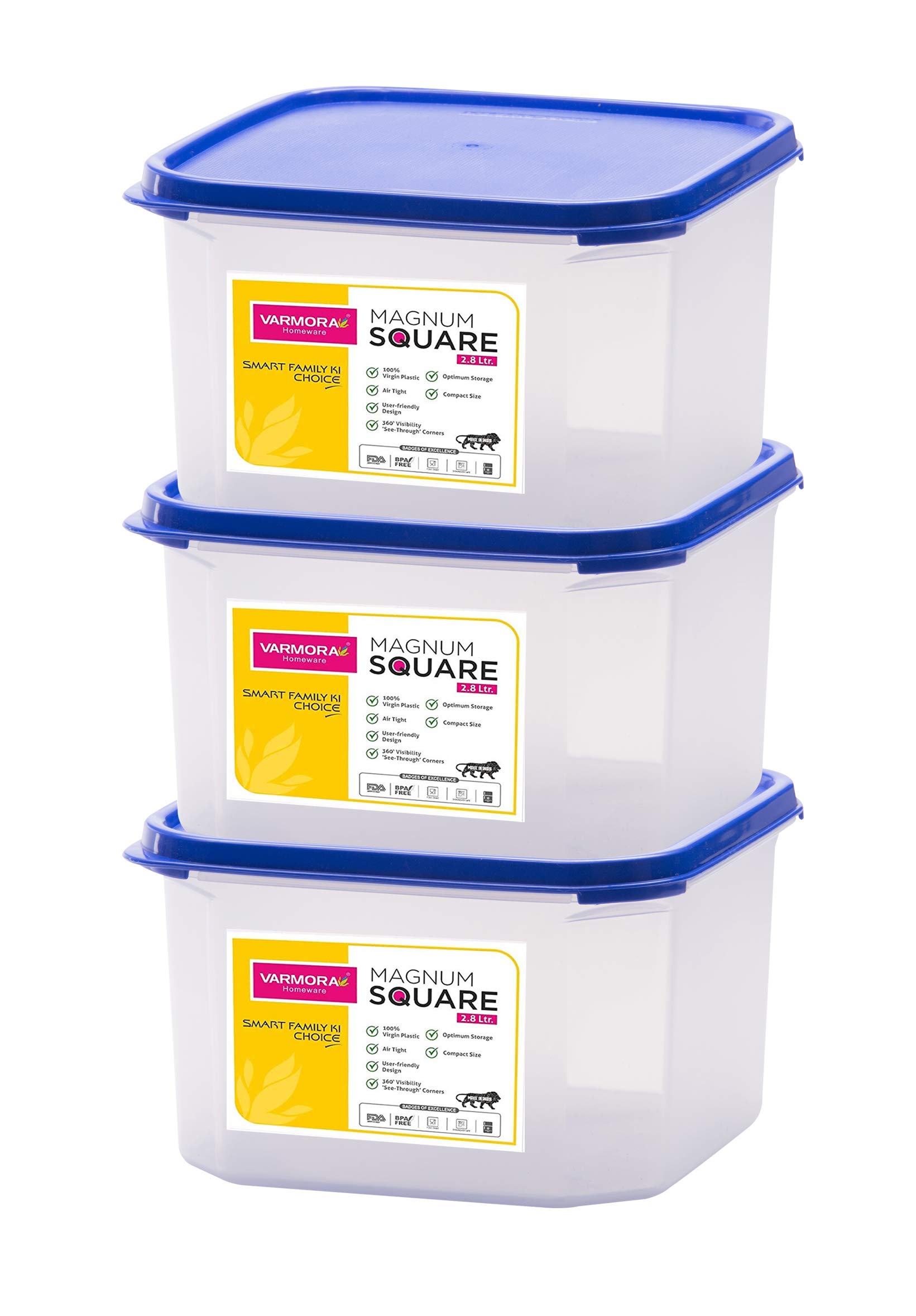 VarmoraMagnum Plastic Square Smart Kitchen Storage Container Lid (2.8 L, Blue, Transparent, Pack of 3)