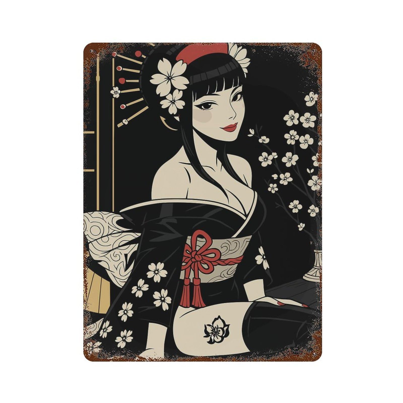 Geisha with Cherry Blossoms Illustration Rust Effect Tin Sign 15.7"x11.8", Ideal for Cafe, Home Bar And Lounge Decor