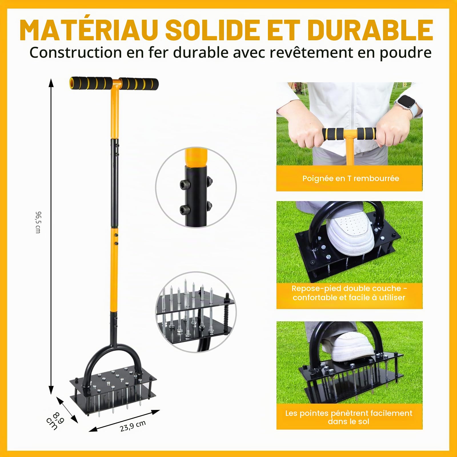Rocky&Chao Aérateur Manuel pour pelouse – Outil de Jardin à Double Plaque avec 16 Pointes et 4 Ressorts, poignée en T, idéal pour sols compacts et Entretien du Gazon