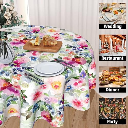 Miniatura 4 de Sweetshow Mantel redondo floral de acuarela de 60 pulgadas para primavera y verano color rosa mantel rústico verde para cocina mesa de comedor sala