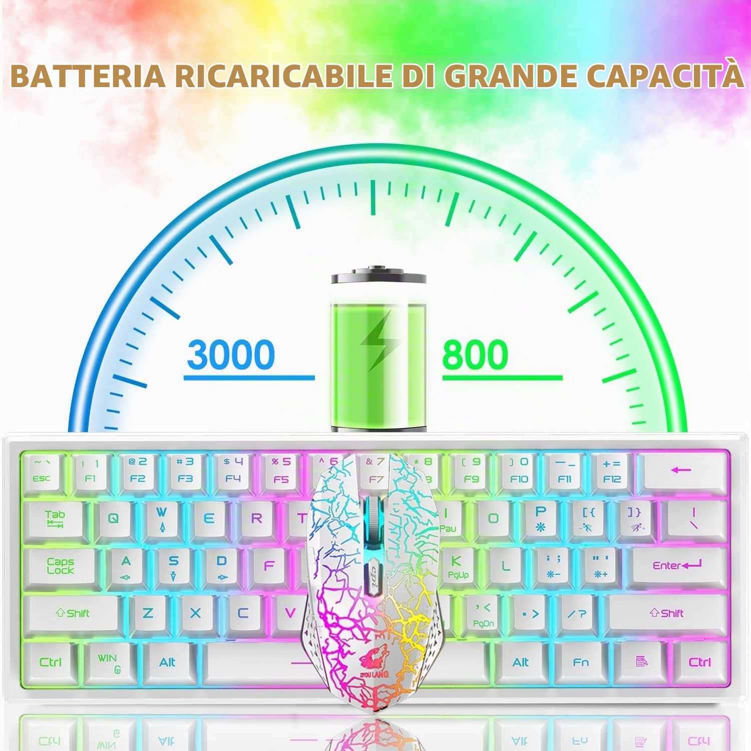 Set Tastiera E Mouse Da Gioco Wireless Compatti Al 60%, 3800mAh Type-c Ricaricabile RGB Arcobaleno Tastiera Illuminata Sensazione Meccanica Respirazione Retroilluminazione Mouse Luminoso Per PC-Bianco