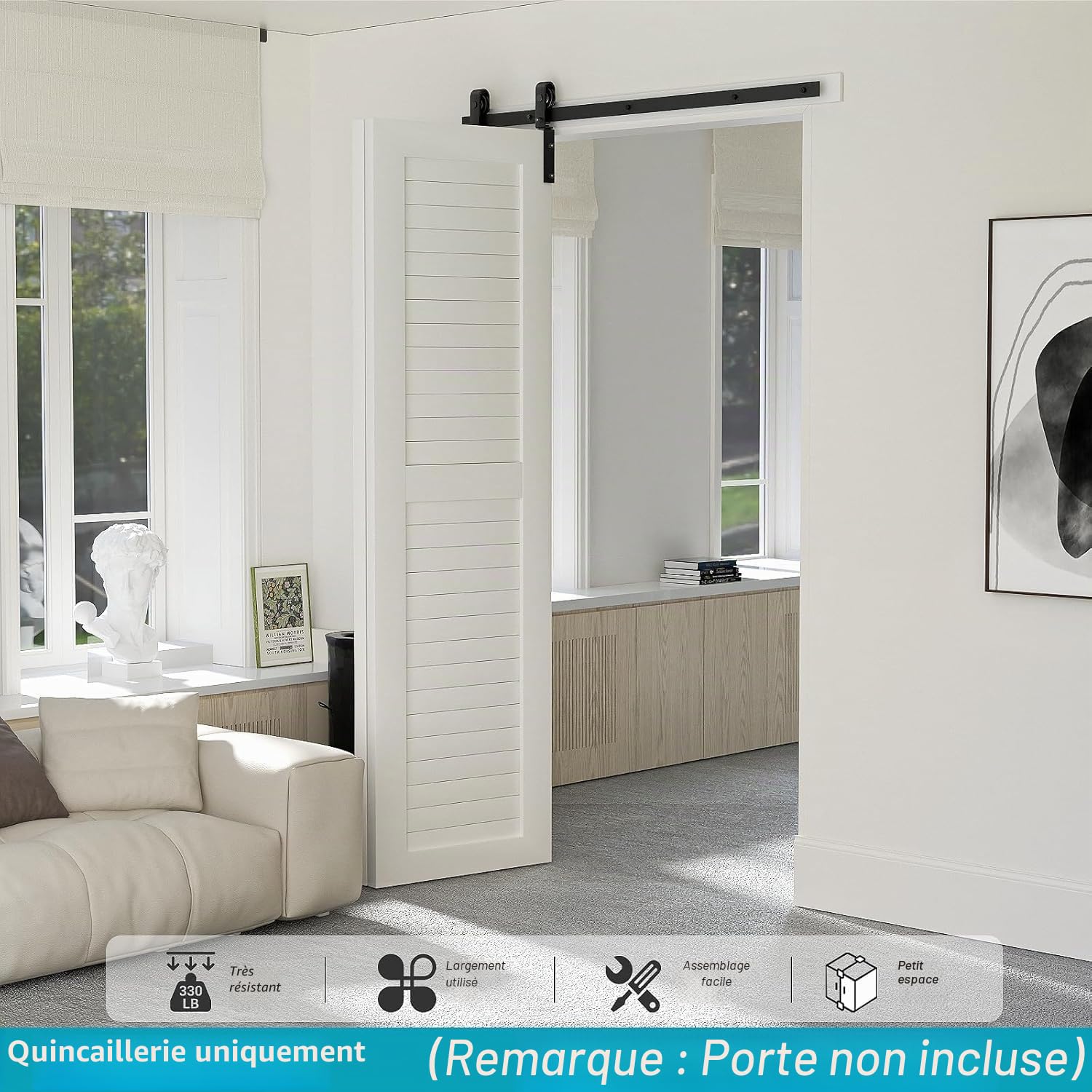 W&H Kit complet de ferrures de porte coulissante pour 2 portes - Noir - 100 m - Peu encombrant - Rail de porte pliante (sans porte)