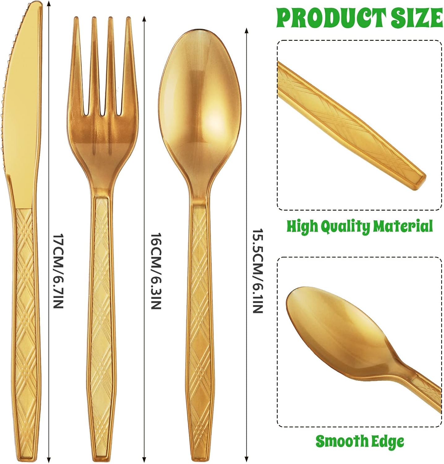 Coume 300 Pcs Gold Plastic Silverware Disposable Cutlery Set Plastic Utensils Heavy Duty Flatware Dinnerware with 100 Gold Forks, 100 Gold Spoons, 100 Gold Knives for Party, Birthday, Wedding Favors